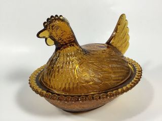 Vintage Indiana Glass Brown Amber Chicken Hen On Nest Candy Dish Bowl