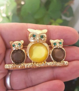 Vintage Gold Tone Rhinestone Faceted Belly Three Owls On A Branch Brooch Pin