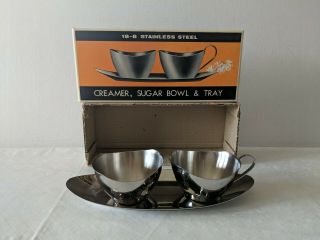 Vintage 18 - 8 Stainless Steel Creamer,  Sugar Bowl And Tray W/orig.  Box
