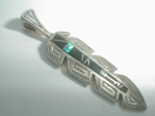 Vintage Navajo Sterling Silver Inlay Opal Onyx Southwest Feather Pendant