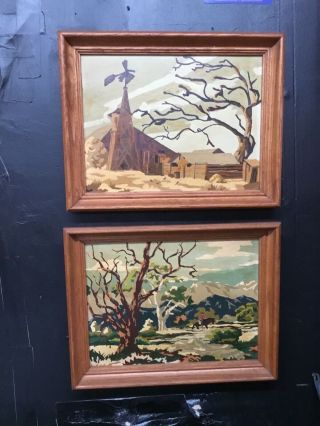 Vintage Paint By Number Picture Barn Mountains Stream A Pair
