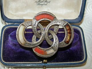 Vintage Signed Miracle Jewellery Scottish Celtic Agate Eternal Rings Brooch Pin
