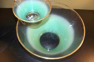 Vintage Blendo Frosted Chip & Dip Bowl Set Green Mid - Century Tableware