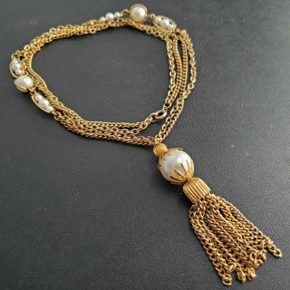Vintage 26 " Long Gold Tone Tassel Chain Necklace Pearl Retro Elegant T25