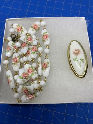 Vintage Milk Glass Ceramic Hand Paint Necklace Brooch