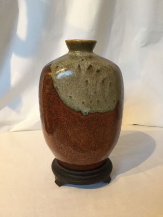 Vintage Japanese Glazed Pottery 7 - 1/2 " Vase With Stand