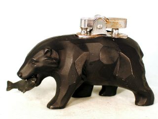 Vintage Figural Metal Bear Table Lighter With A Fish (salmon?) In His Mouth - Nos