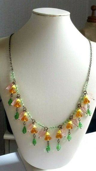 Czech Yellow Flower Glass Bead Necklace Vintage Deco Style