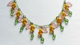 Czech Yellow Flower Glass Bead Necklace Vintage Deco Style 2