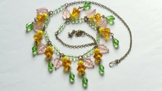 Czech Yellow Flower Glass Bead Necklace Vintage Deco Style 3