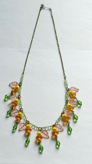 Czech Yellow Flower Glass Bead Necklace Vintage Deco Style 5