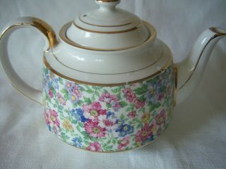 Vintage Sadler Staffordshire English Teapot Pink & Blue Chintz W Gold Trim