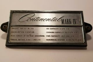 68 - 71 Vtg.  Lincoln Continental Mark Iv Specification Emblem Plate C8lb - 6970 - B