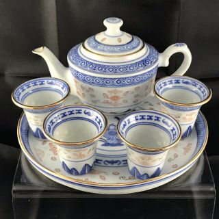 Vintage Blue White Chinese Tea Set Translucent Rice Grain Hand Painted 6 Piece