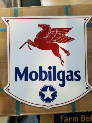 Vintage Porcelain 12 " Mobil Gas Pegasus Flying Horse Shield Sign