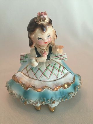 Vintage Porcelain Figurine Japan Little Girl Gold Blue Seated Sitting Spaghetti
