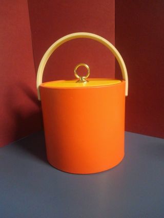 Vintage Ice Bucket With Lid Mid Century Modern Orange Yellow Barware 1960s