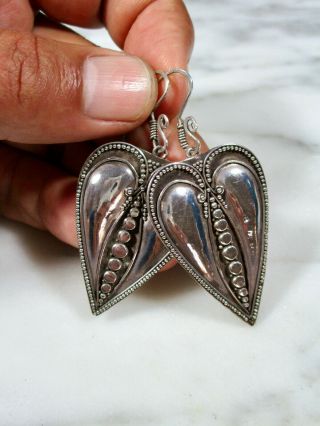 Spectacular Vtg Bali Granulated Sterling Silver Tribal Heart Anthurium Earrings