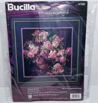 Vtg Bucilla Classic Roses 41330 Counted Cross Stitch Kit Floral Nancy Black Pink