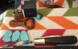 Junk Drawer Vintage Items: Lighter,  Case Poketknife Sterling Ring,  Pickwick,  Etc
