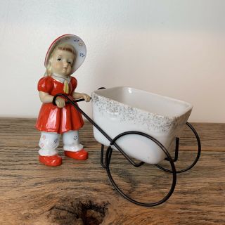 Vintage Japan Girl Flower Cart Figurine Planter 3 Piece Red Dress Porcelain 5.  5”