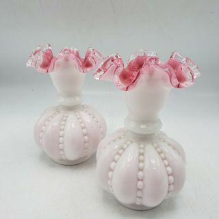 6 " Vintage Fenton Peach Pink Crest Petticoat Beaded Melon Vases