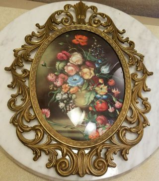 Vintage Brass Metal Oval Picture Frame Convex Bubble Dome Glass Italy 13.  5 X10.  5