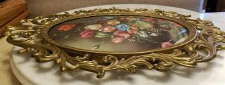 Vintage Brass Metal Oval Picture Frame Convex Bubble Dome Glass Italy 13.  5 x10.  5 3