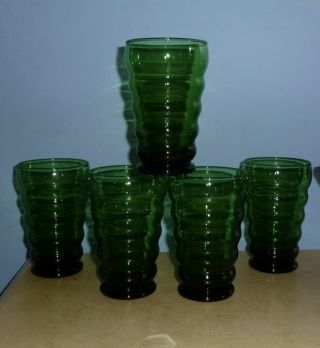 Vintage Set Of 5 Anchor Hocking Forest Emerald Green Ribbed Tumblers Glasses 5 "
