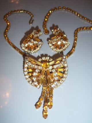 Gorgeous Vtg Juliana Amber Clear Rhinestone Necklace Earring Set Demi Parure