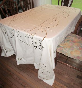 Vintage Banquet Size Tablecloth W Cut Work & Embroidery,  12 Napkins,  102 x 66 