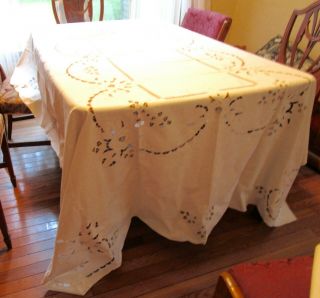 Vintage Banquet Size Tablecloth W Cut Work & Embroidery,  12 Napkins,  102 x 66 