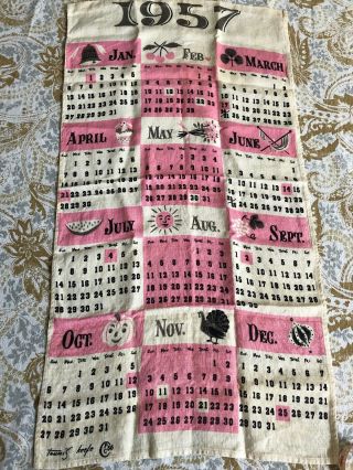 Vintage Linen Dishcloth Towel Calendar 1957 Pink And Cream,