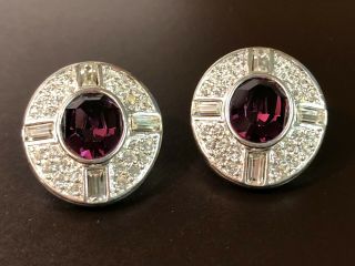 Vintage Napier Earrings Purple Amethyst Glass Rhinestone Oval Round Pierced Back 2
