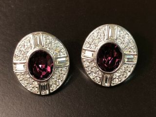 Vintage Napier Earrings Purple Amethyst Glass Rhinestone Oval Round Pierced Back 4