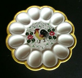 Vintage Py Rooster And Roses Deviled Egg Dish Plate Holder 9.  75 "