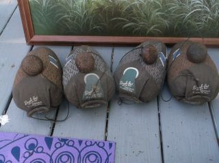 Vintage " Duck In " Diving Decoys W/weights (4) In Rig,  St.  Louis,  Mo.  Ducks Feeding