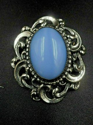 Vintage Sterling Silver Danecraft Ornate Blue Aquamarine Cats Eye Pendant/brooch