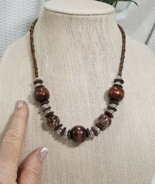Vintage Boho Wood And Silver Tone Bead Necklace