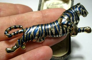 Vintage Jewellery Large Gold Blue Enamel & Crystal Tiger Wild Cat Brooch / Pin