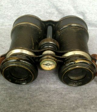 Vintage French Made Champoux Paris Leather Covered Binoculars & Compass - No Res