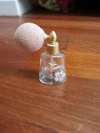 Vintage Pink Hand Painted Flower Glass Perfume Bottle Atomizer