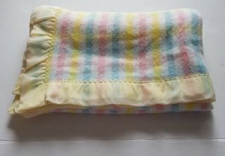 Vintage Curity Yellow Pink Blue Crib Baby Blanket Striped Checkered Satin Trim