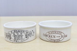 Vintage 1900s R.  Seager Ipswich Chicken & Ham & Home Made Potted Meat Pot Jars