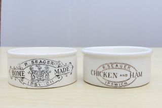VINTAGE 1900s R.  SEAGER IPSWICH CHICKEN & HAM & HOME MADE POTTED MEAT POT JARS 2