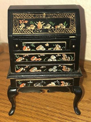 Vintage Dollhouse Miniature Secretary Desk Black W/ Asian Painted Design