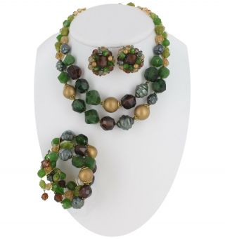 West Germany Clip On Earrings Bracelet Necklace Jewelry Set Green 50s Vintage