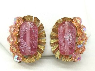 Vintage Trifari Pink Art Glass N Crystal Clip Earrings Gold Tone
