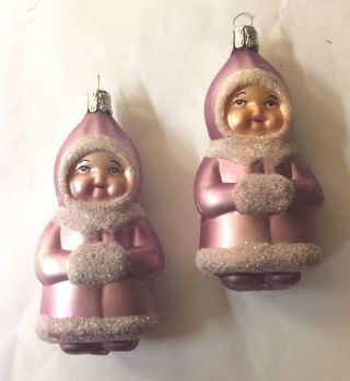 2 Vintage Purple Baby Eskimo Glass Christmas Ornaments