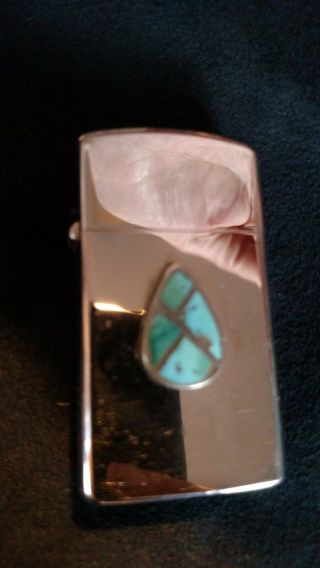 Vtg Zippo Slim Silver Case Cover Cigarette Lighter Turquoise Country Old Western